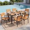 Acacia wood outdoor dining table with 1.97" umbrella hole, seating up to 6 people, perfect for patio or poolside use.