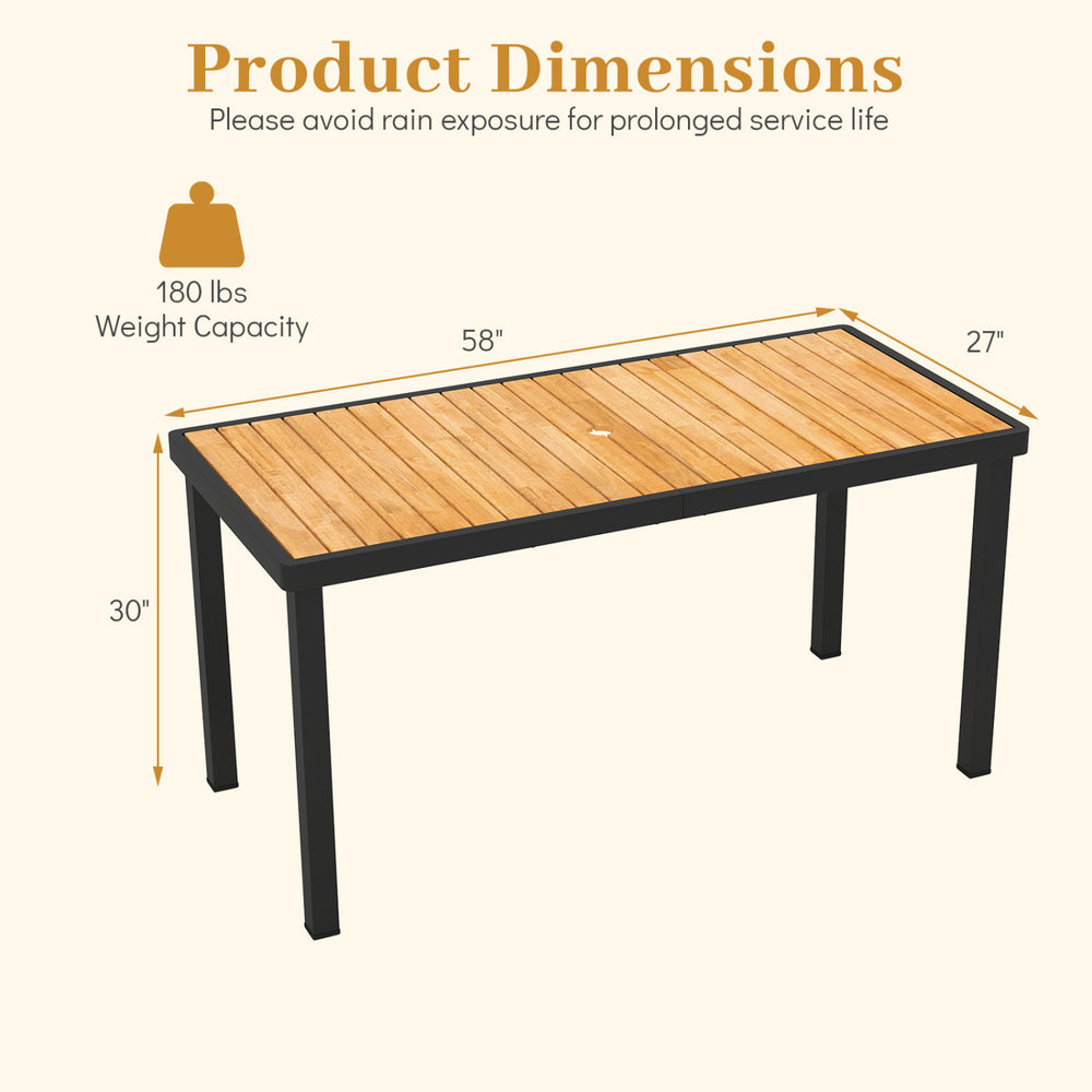 Acacia wood outdoor dining table with dimensions 58"x27"x30", featuring a 1.97" umbrella hole for 6 people.
