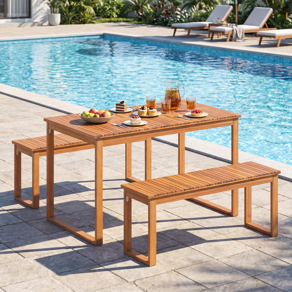 Acacia wood outdoor garden bench set with slatted seat, perfect for patio or porch, supporting up to 800 lbs.
