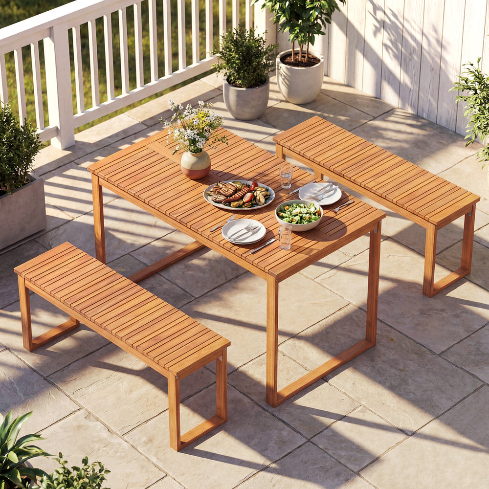 Acacia wood outdoor garden bench set with slatted seat, perfect for patio or porch seating, supports up to 800 lbs.