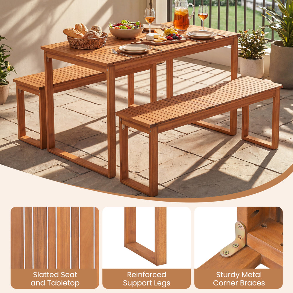 Acacia wood outdoor garden bench set with slatted seat, reinforced legs, perfect for porch or patio seating.