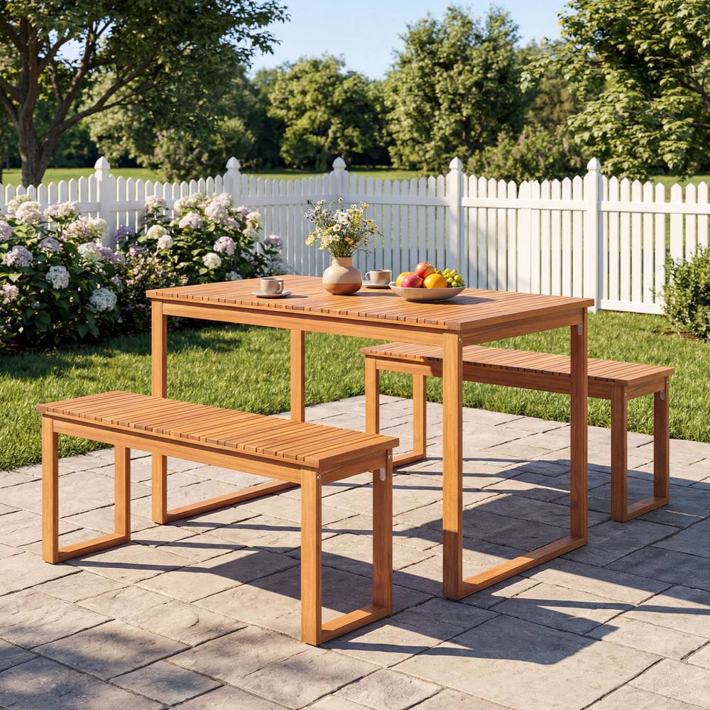 Acacia Wood Outdoor Garden Bench Set of 1/2 with Slatted Seat for Front Porch-Set of 2 - Gallery View 1 of 8