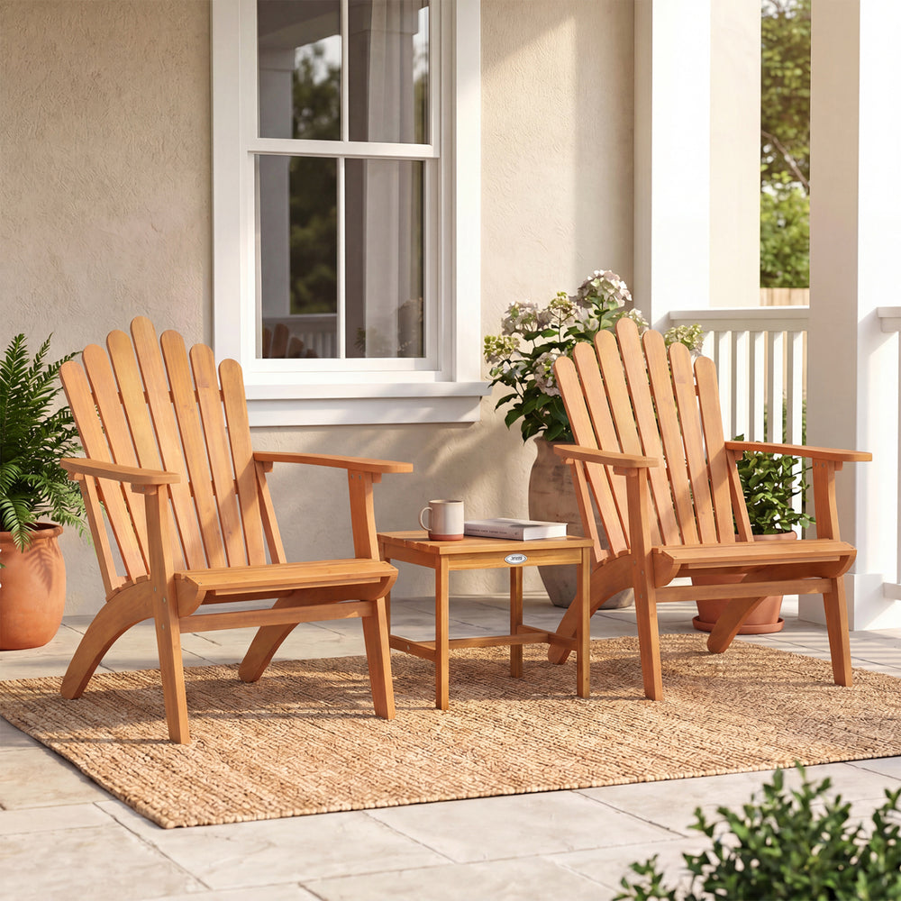 Natural acacia wood outdoor patio chair set with wide armrests and curved seats, perfect for garden relaxation.