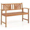 Acacia wood outdoor garden bench showcases a smooth sanded surface and sunburst back design for stylish outdoor relaxation.