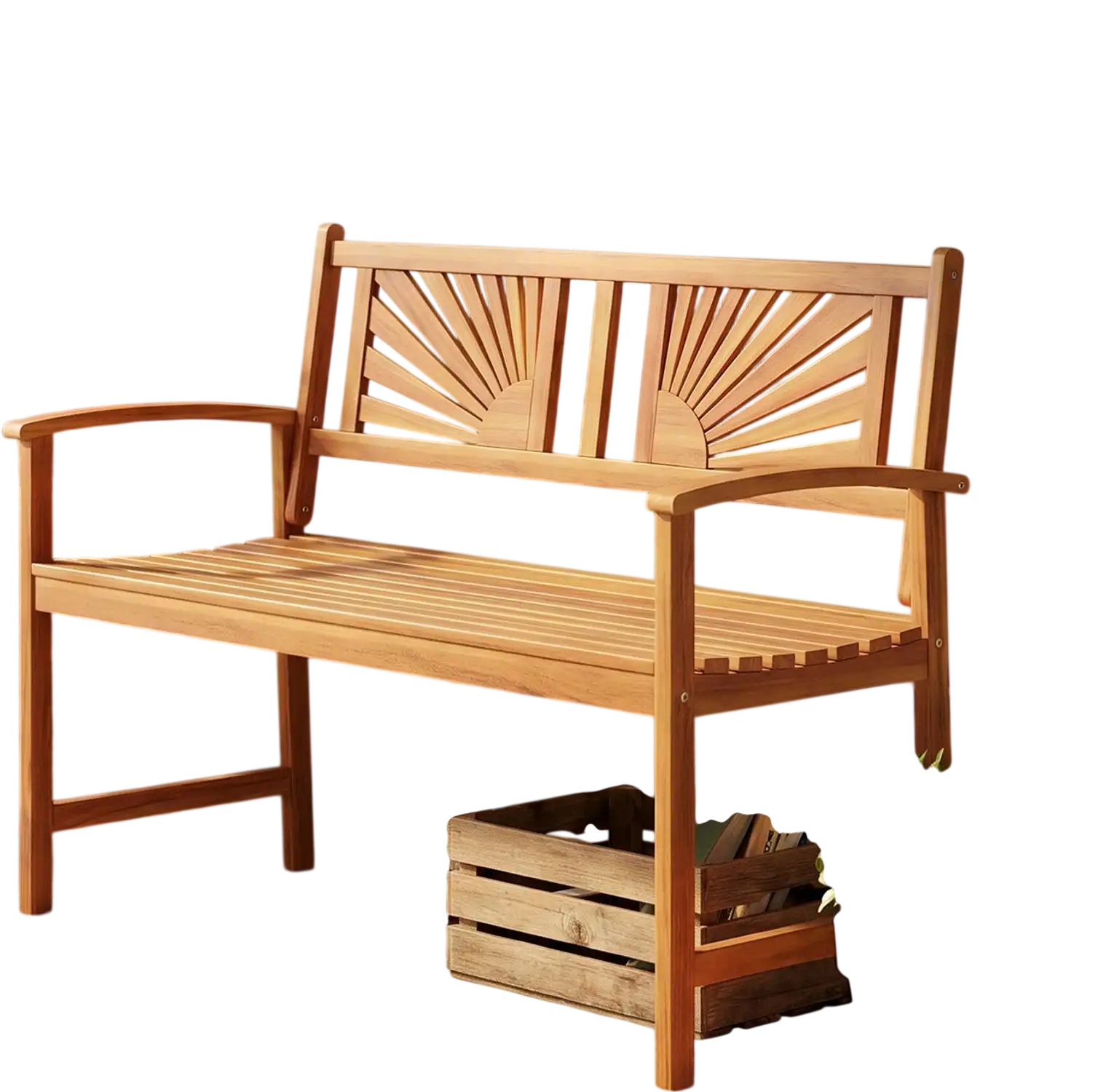 Costway 2-Person Acacia Wood Outdoor Garden Bench Sunburst Back Curved Armrests 71399952 New