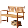 Acacia wood outdoor garden bench with sunburst back and curved armrests, perfect for relaxing moments in the backyard.