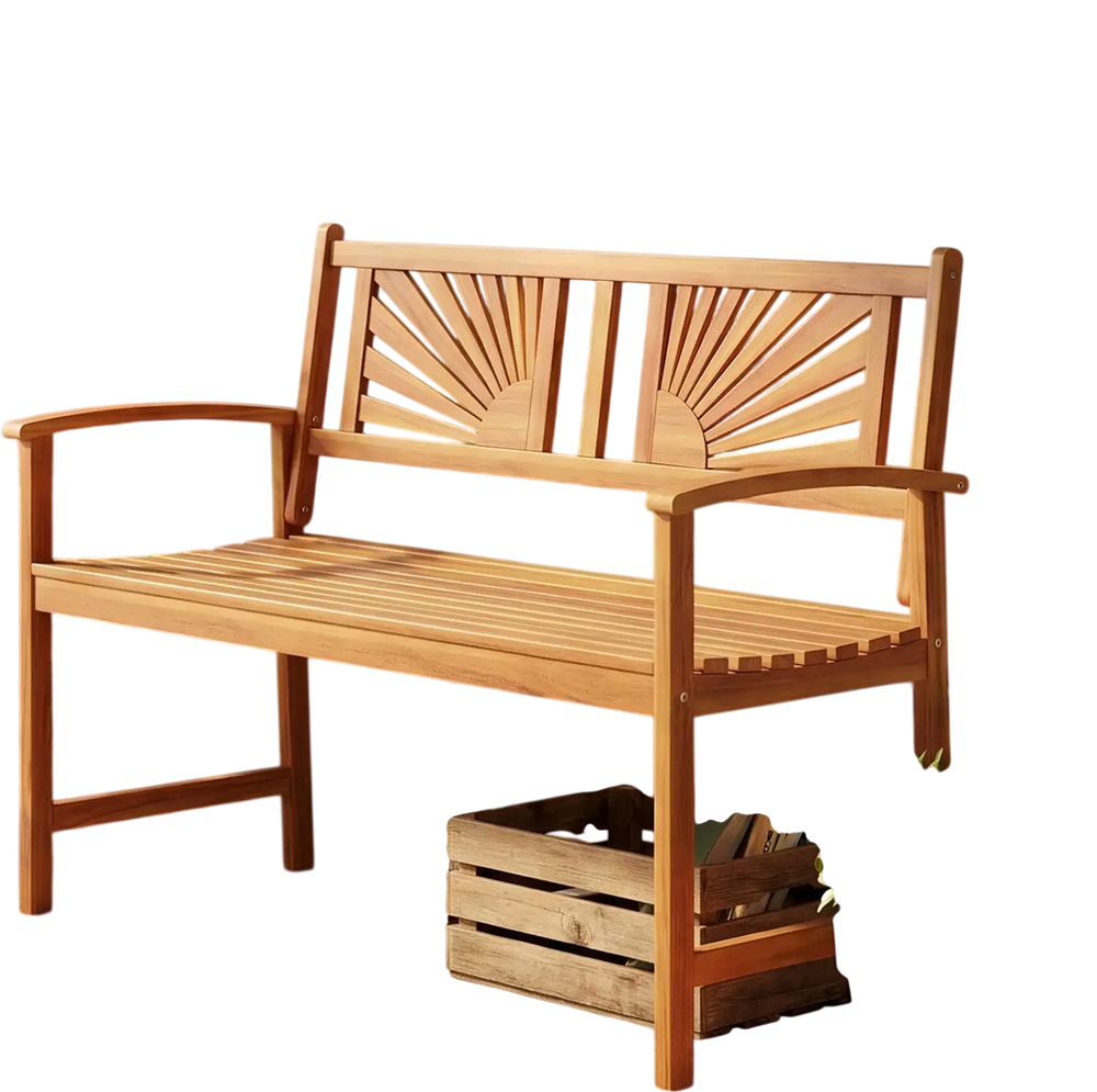 Acacia wood outdoor garden bench with sunburst back and curved armrests, perfect for relaxing moments in the backyard.
