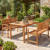 Acacia wood outdoor garden bench for two features a sunburst back design and curved armrests, ideal for relaxing moments.
