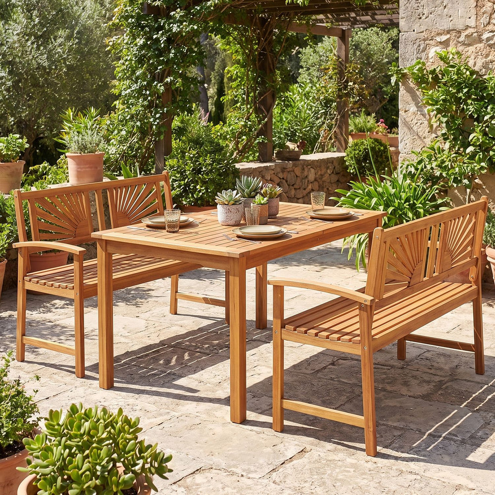 Acacia wood outdoor garden bench for two features a sunburst back design and curved armrests, ideal for relaxing moments.