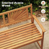 Acacia wood outdoor garden bench with sunburst back design and curved armrests, perfect for two-person seating.