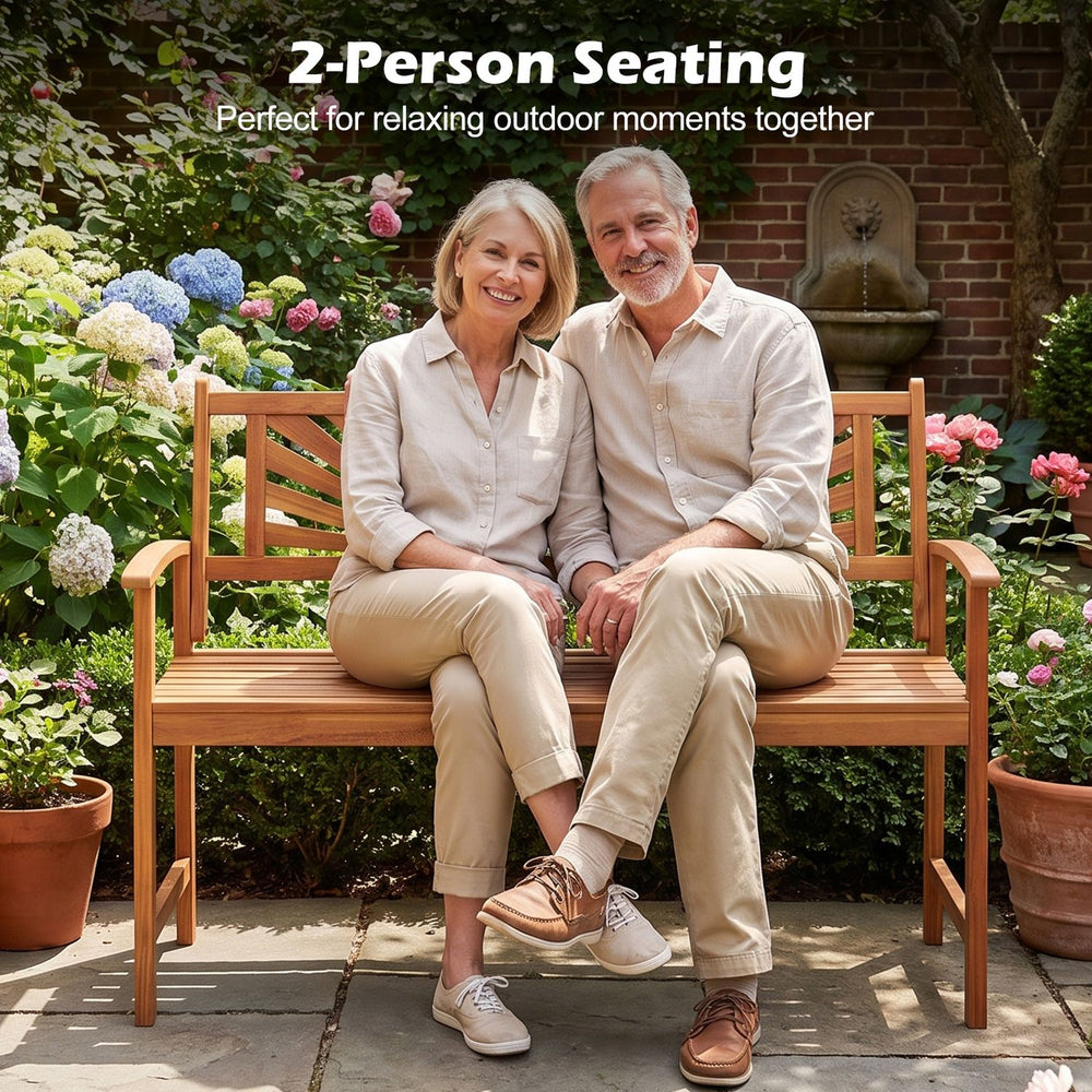 2-person acacia wood outdoor garden bench features a sunburst back and curved armrests, perfect for relaxing moments together.