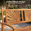 Acacia wood outdoor garden bench features a sunburst back design and curved armrests for comfortable seating.