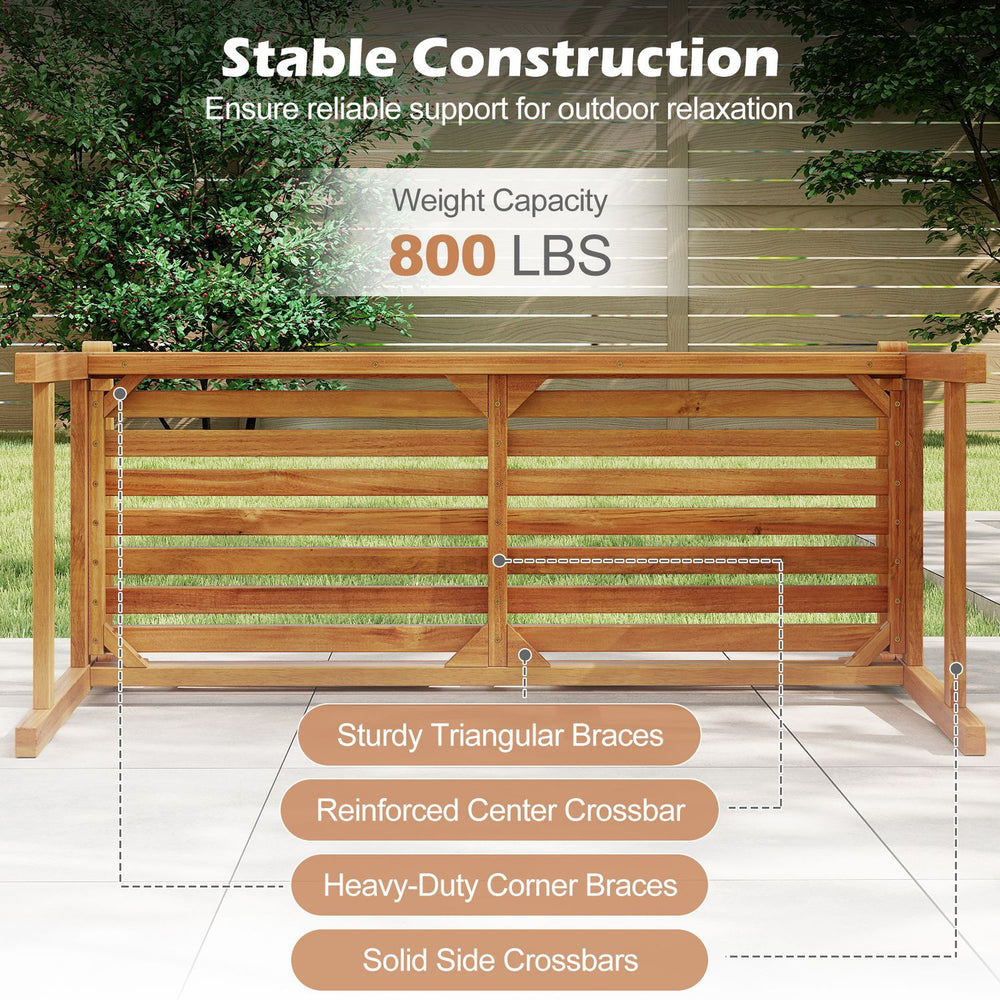 Acacia wood outdoor garden bench features a sunburst back, curved armrests, and supports up to 800 lbs for comfortable seating.