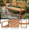 Acacia wood outdoor garden bench features a sunburst back, curved armrests, and slatted design for comfortable seating.
