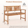 Acacia wood outdoor garden bench with sunburst back design, curved armrests, and 800 lbs capacity for two-person seating.