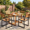 Set of two acacia wood outdoor dining chairs with heavy-duty metal frame, perfect for patio or garden use.