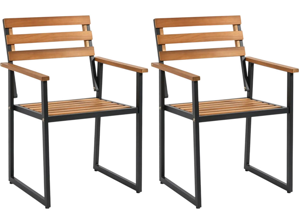 Set of 2 acacia wood outdoor dining chairs with heavy-duty metal frame, ideal for patio and garden use.