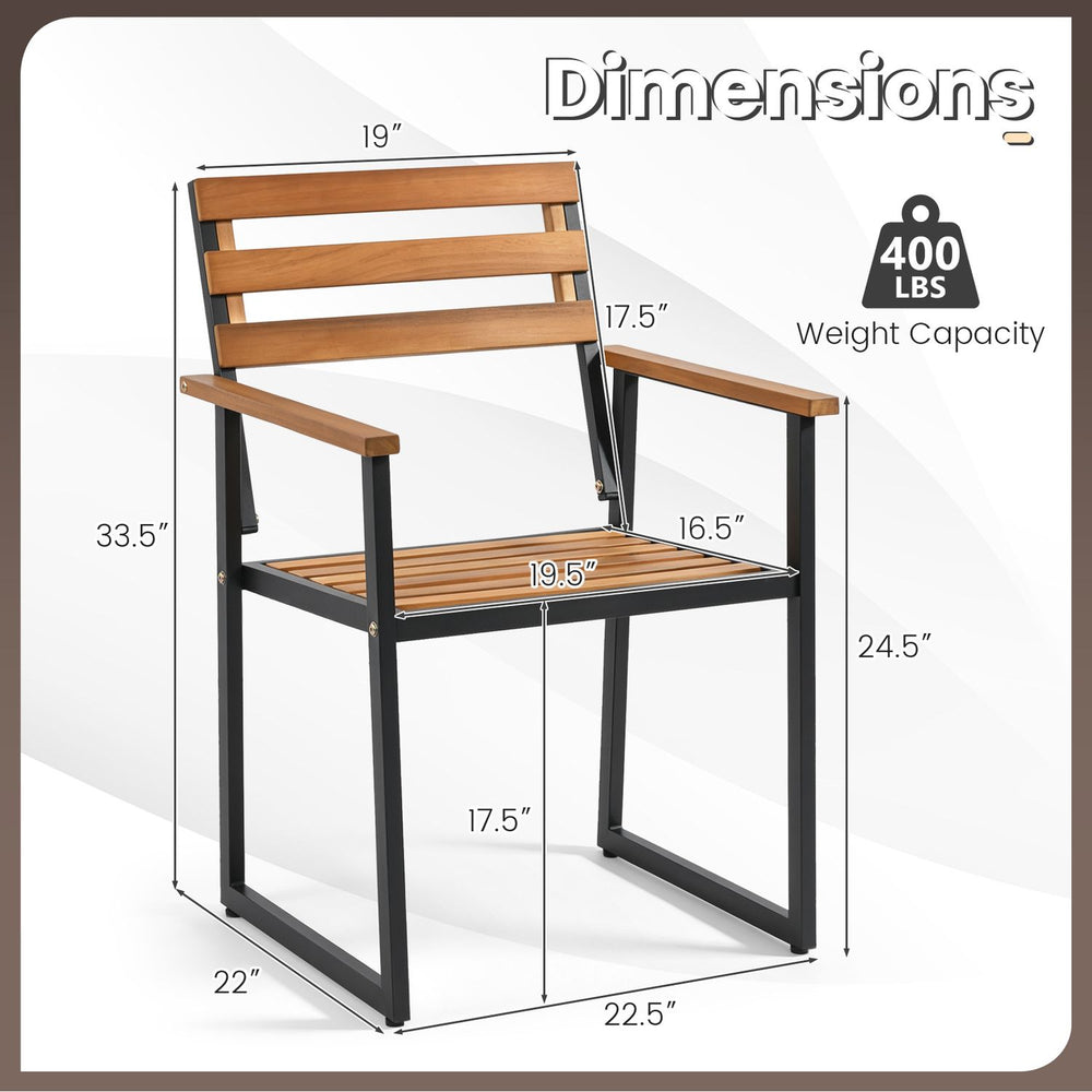 Acacia wood outdoor dining chair with heavy-duty metal frame, ergonomic backrest, and slatted design for patio use.