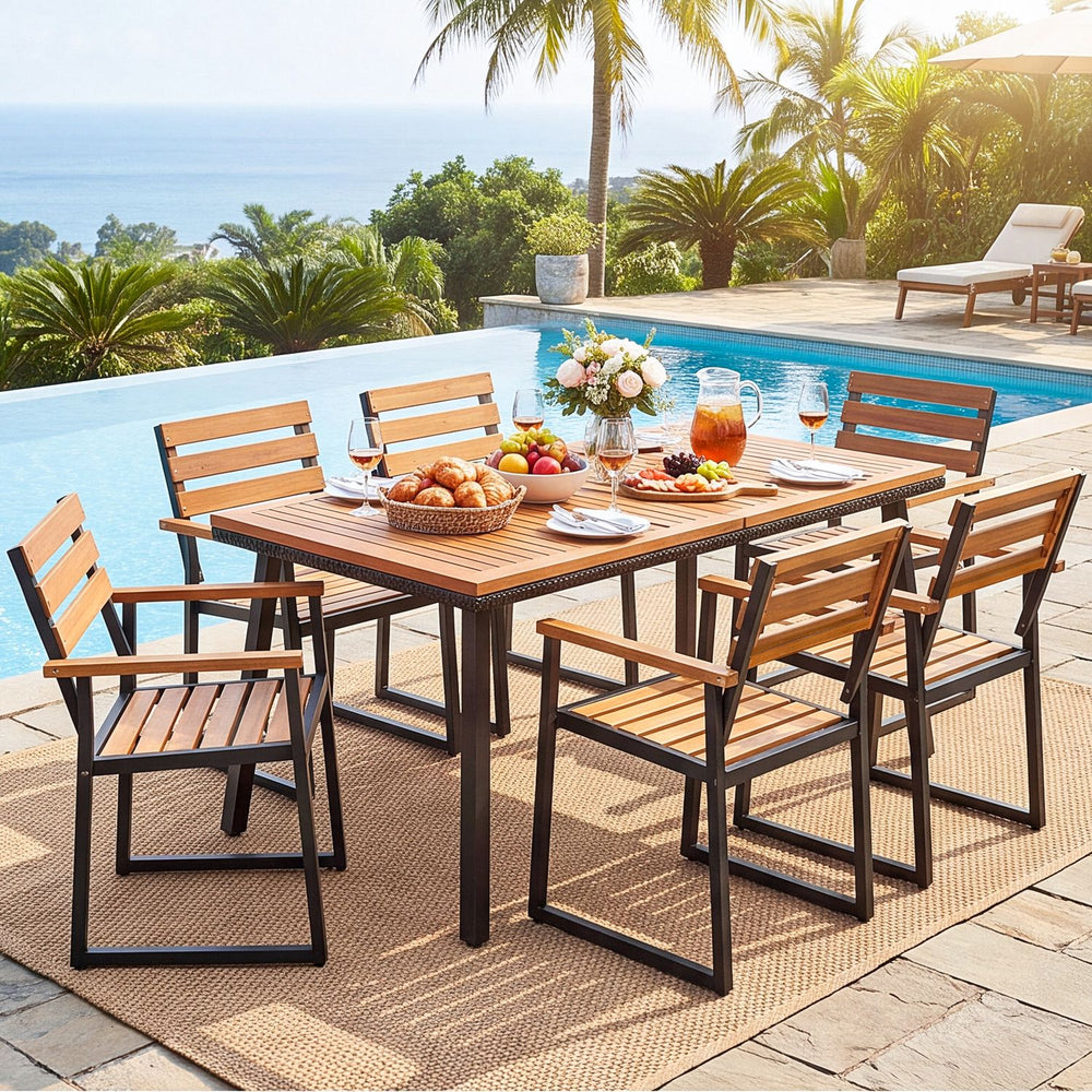Acacia wood outdoor dining chairs with heavy-duty metal frame, perfect for patio gatherings and enhancing outdoor spaces.
