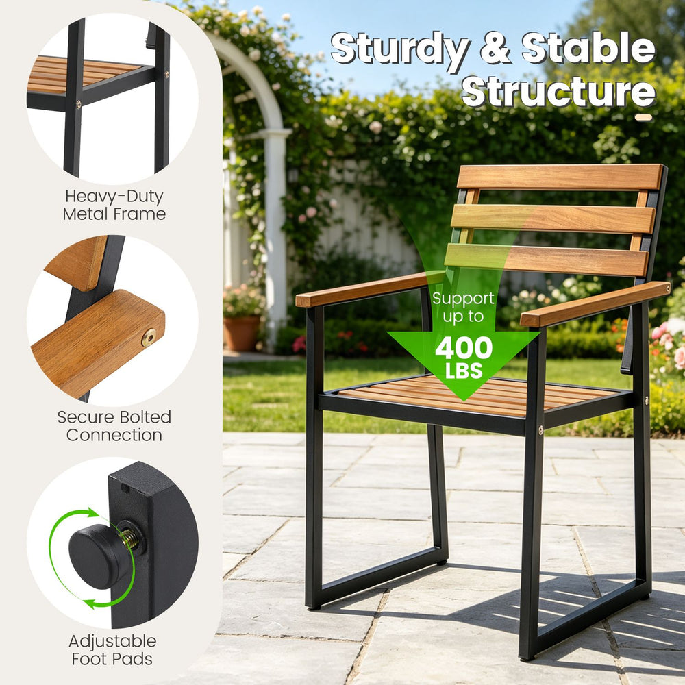 Acacia wood outdoor dining chair with heavy-duty metal frame, supports up to 400 lbs, perfect for patio or garden use.