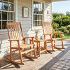 Oversized acacia wood rocking chairs with high backs and armrests, perfect for outdoor relaxation on porches or decks.