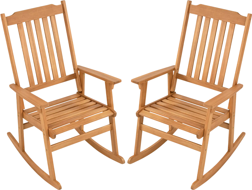 Oversized acacia wood rocking chairs with high back and armrests, perfect for outdoor relaxation on porches or gardens.