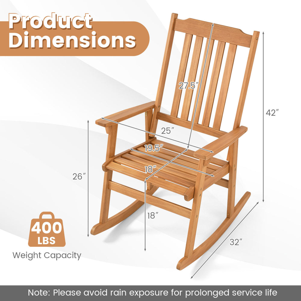 Acacia wood oversized rocking chair with high back and armrests, ideal for outdoor relaxation, supports up to 400 lbs.