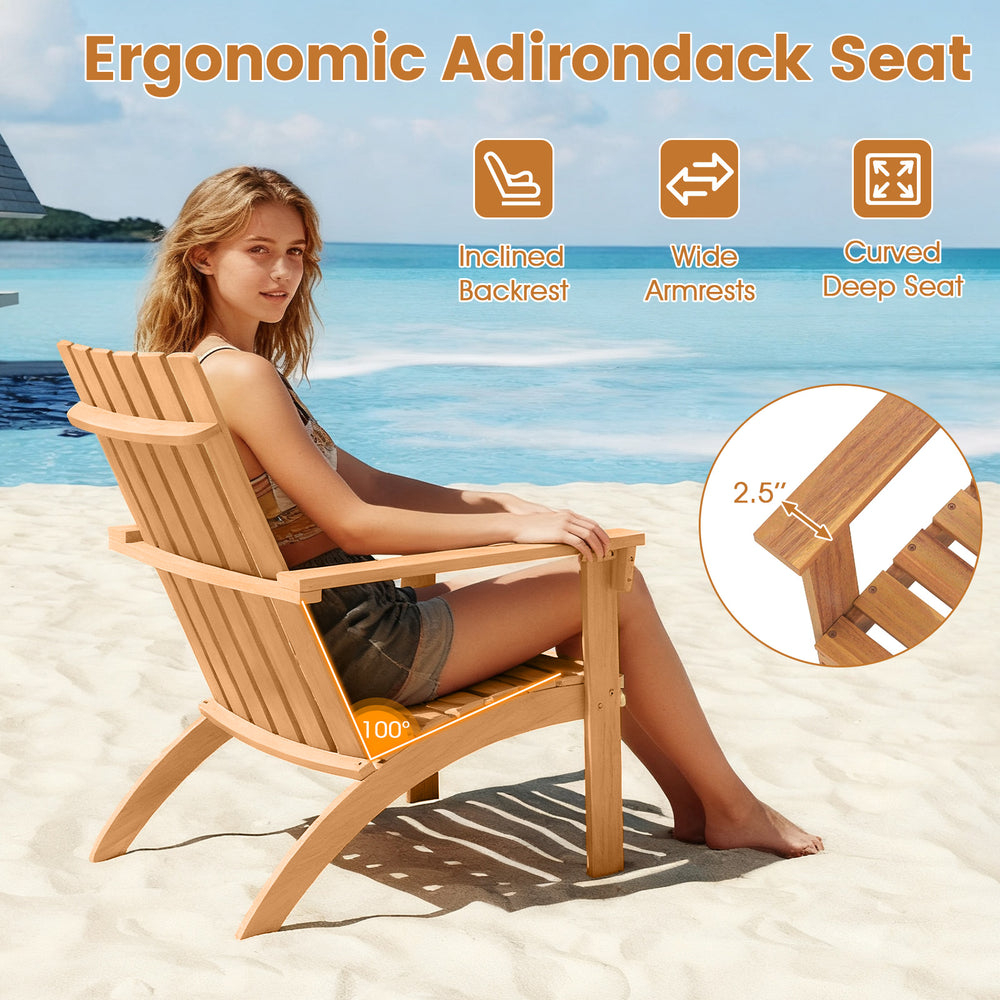 Natural acacia wood Adirondack chair with inclined backrest and wide armrests, perfect for outdoor patio relaxation.