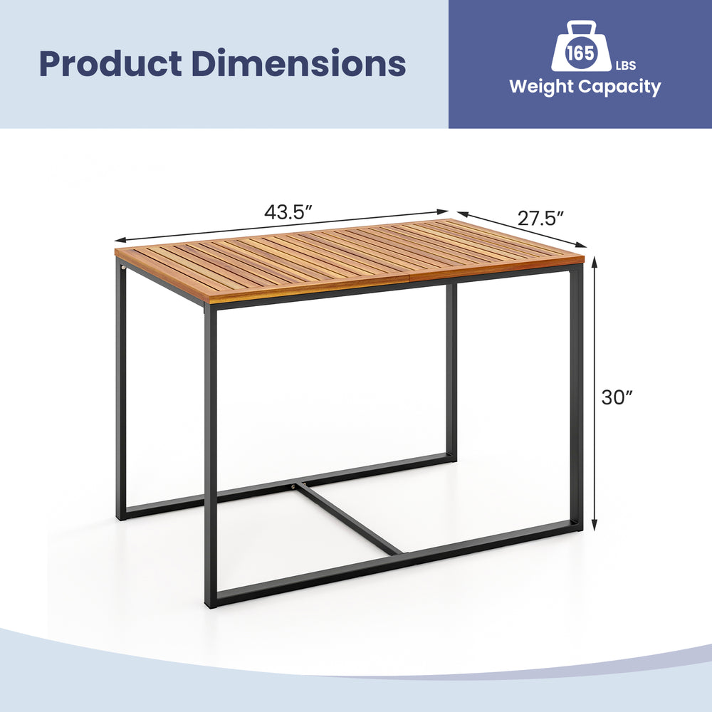 Acacia wood patio dining table with metal frame, measuring 43.5” x 27.5”, ideal for outdoor dining and gatherings.
