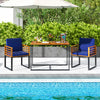 Acacia wood patio dining table with metal frame, navy chairs, perfect for outdoor dining by the pool.