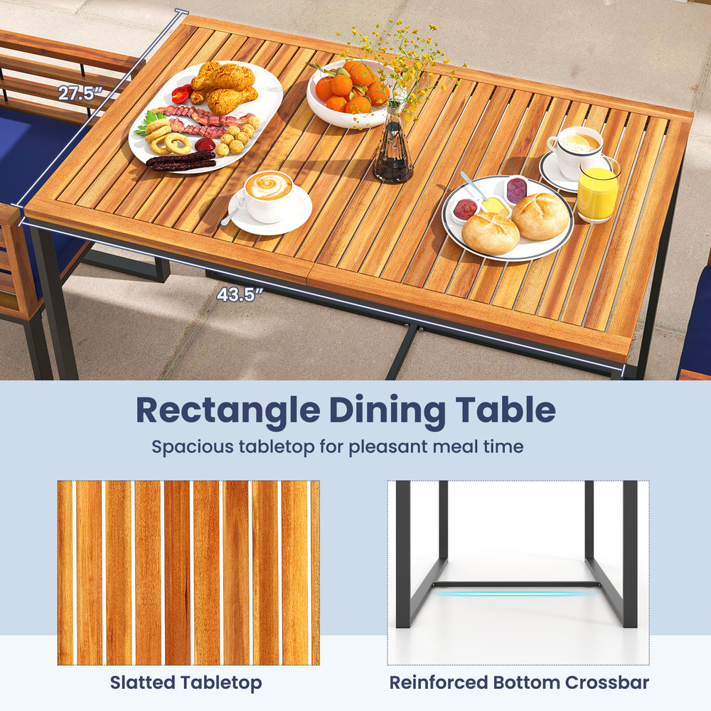 Rectangle dining table featuring a slatted acacia wood surface and metal frame, ideal for outdoor patio dining.