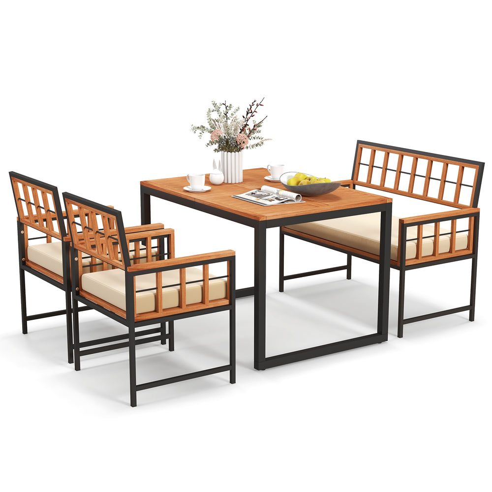 Stylish acacia wood patio dining set with a rectangular table and two cushioned chairs, perfect for garden dining.