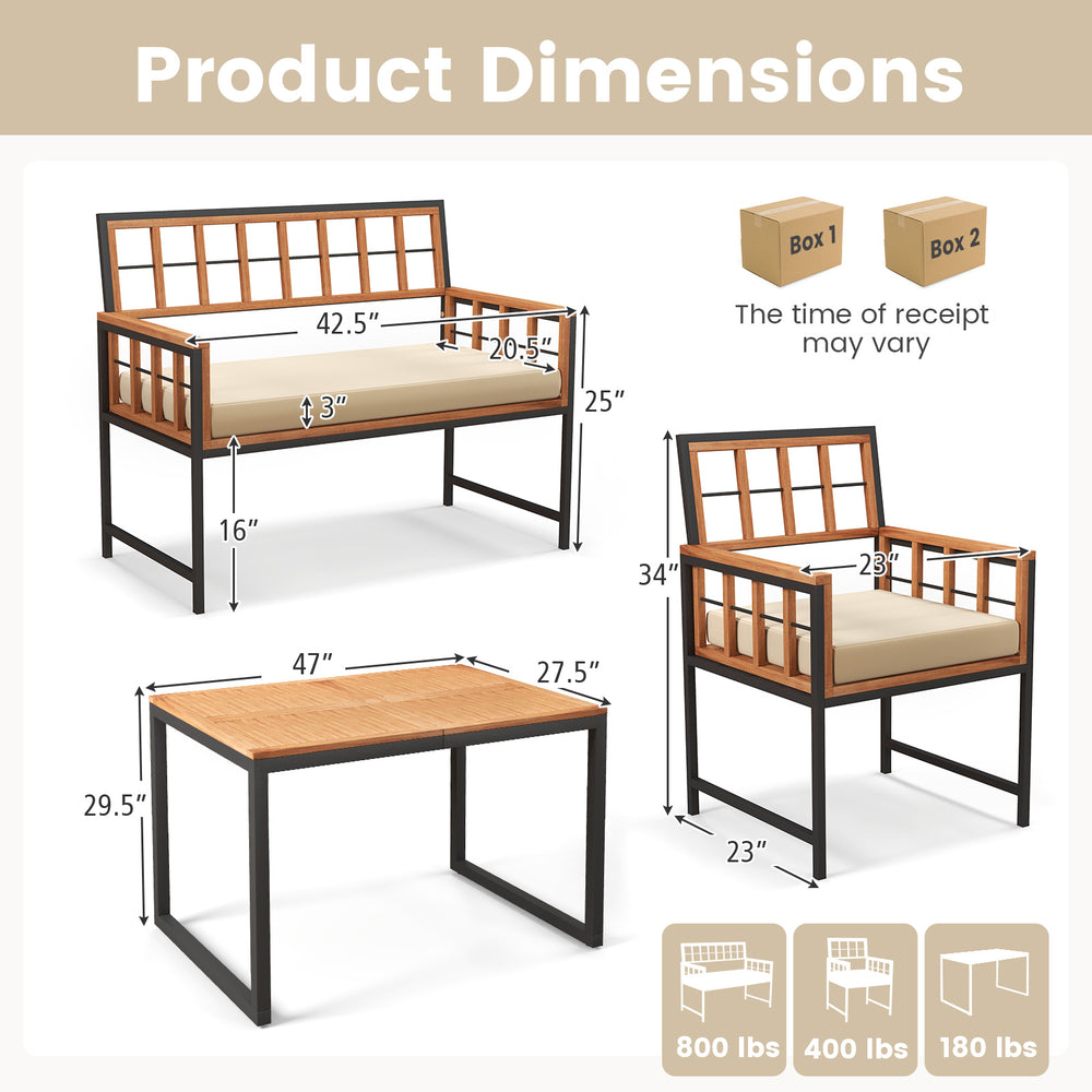 Acacia wood patio dining set dimensions with a rectangular table and soft cushions, ideal for outdoor spaces.