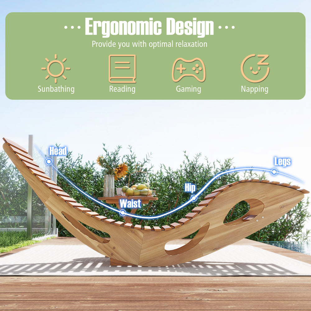 Acacia wood patio rocking sun lounger with ergonomic curved seat, perfect for poolside relaxation and comfort.