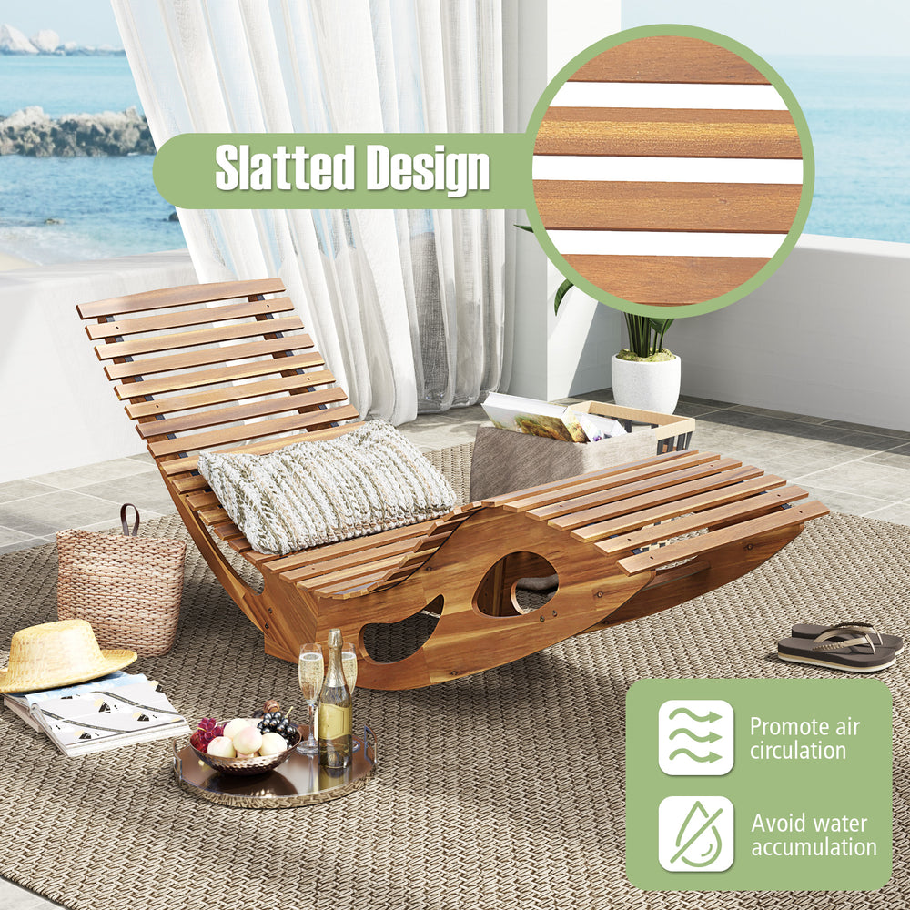 Acacia wood patio rocking sun lounger with ergonomic curved seat and slatted design for breathable comfort by the.