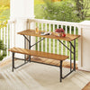 Acacia wood patio table bench for 2 people, featuring a solid wood top and reinforced metal frame, perfect for outdoor.