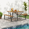 Acacia wood patio table and bench set for 2, featuring a solid wood top and sturdy metal frame, perfect for outdoor.
