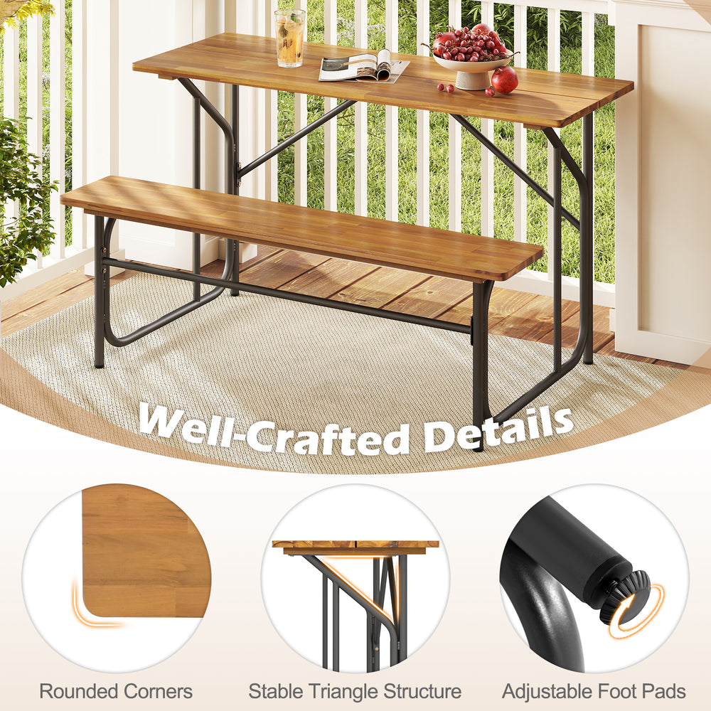 Acacia wood patio table and bench set for 2, featuring a solid tabletop and adjustable foot pads for stability.