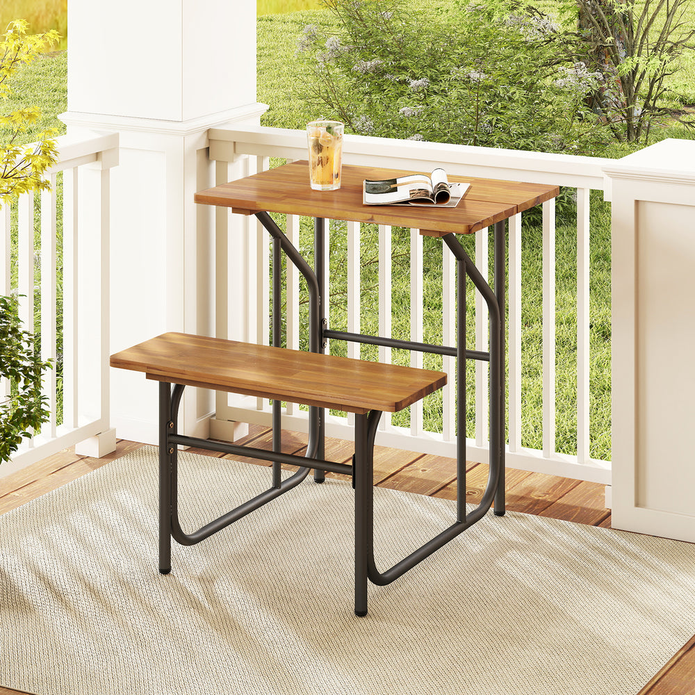 Acacia wood patio table and bench set with a single-side design, perfect for balcony or garden relaxation.