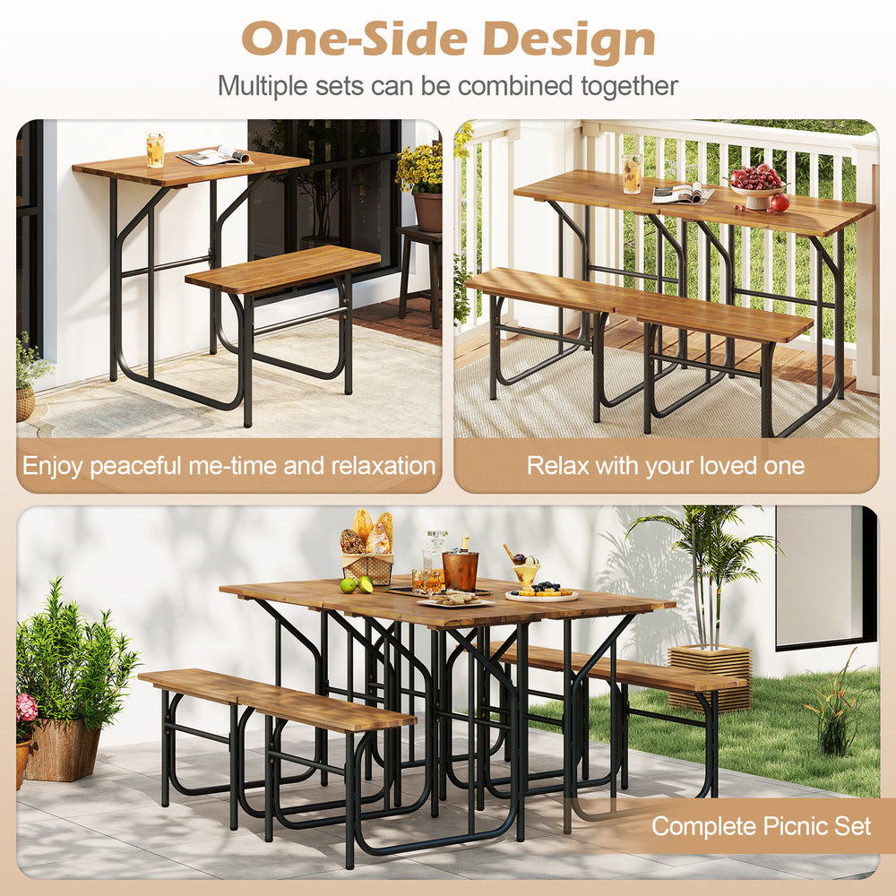 Acacia wood patio table and bench set with one-side design, ideal for outdoor relaxation in balconies or gardens.