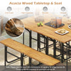 Acacia wood patio table and bench set with solid tabletop, designed for outdoor relaxation in balconies or gardens.