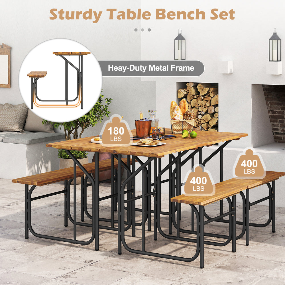 Acacia wood patio table bench set with heavy-duty metal frame, ideal for backyard relaxation and outdoor gatherings.