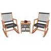 Acacia wood rocking bistro set with breathable rope, featuring two chairs and a square coffee table for outdoor.
