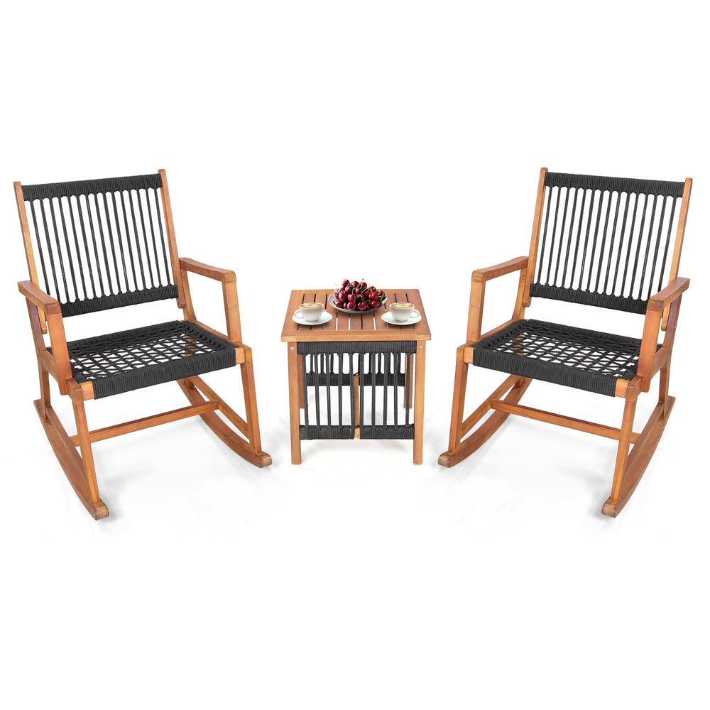 Acacia wood rocking bistro set with breathable rope, featuring two chairs and a square coffee table for outdoor.
