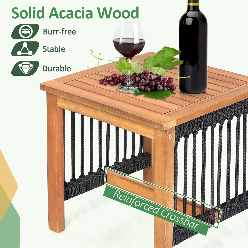 Square coffee table made of solid acacia wood with a reinforced crossbar, perfect for outdoor patio use.
