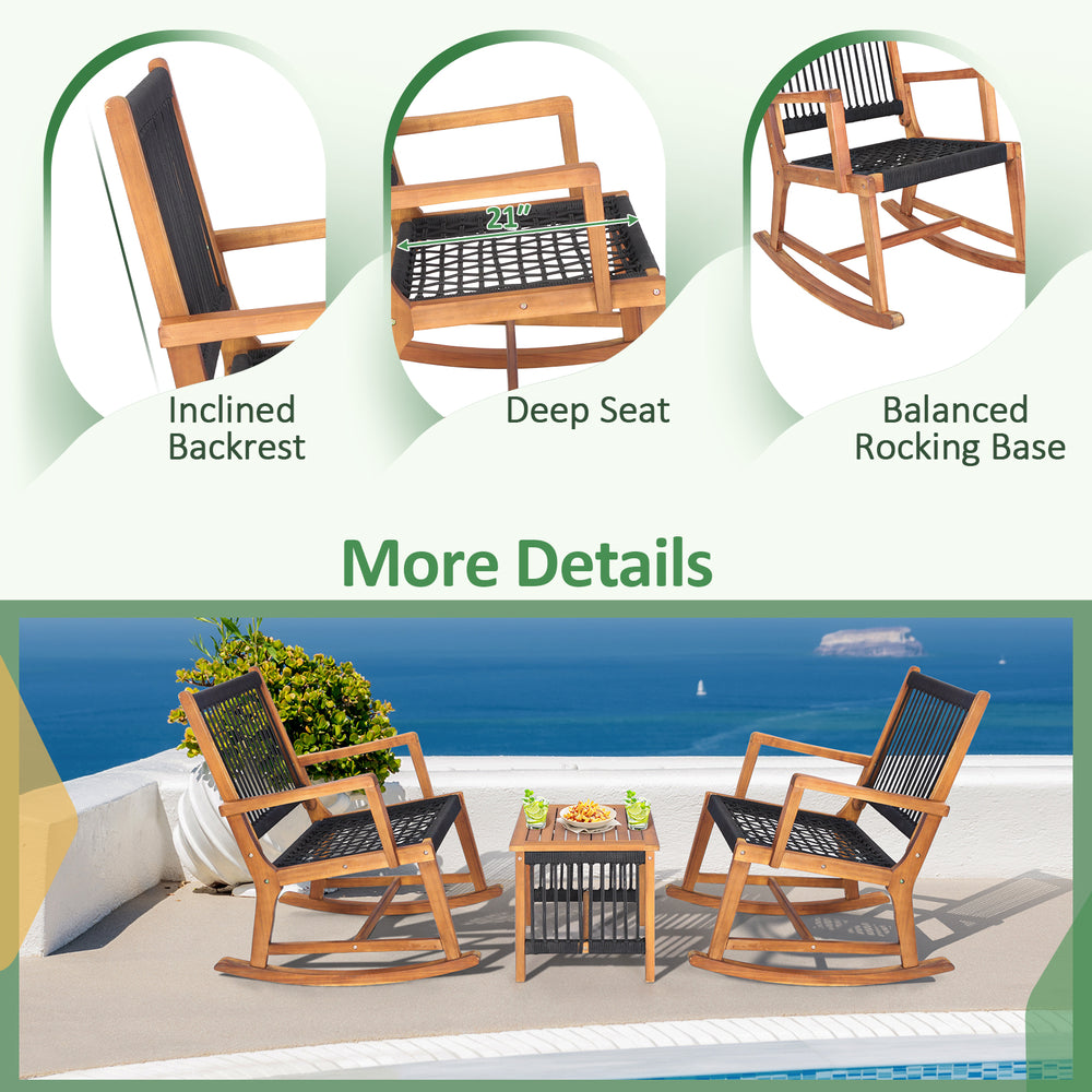 3-piece acacia wood rocking bistro set with inclined backrest and deep seat, perfect for outdoor patio relaxation.