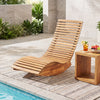 Acacia wood rocking patio lounge chair with ergonomic design and slatted seating for optimal comfort and relaxation.
