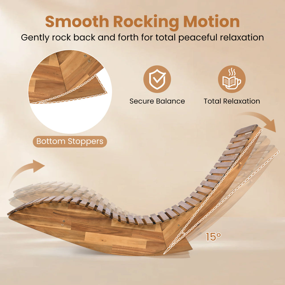 Acacia wood rocking patio lounge chair features smooth rocking motion and ergonomic design for total relaxation.