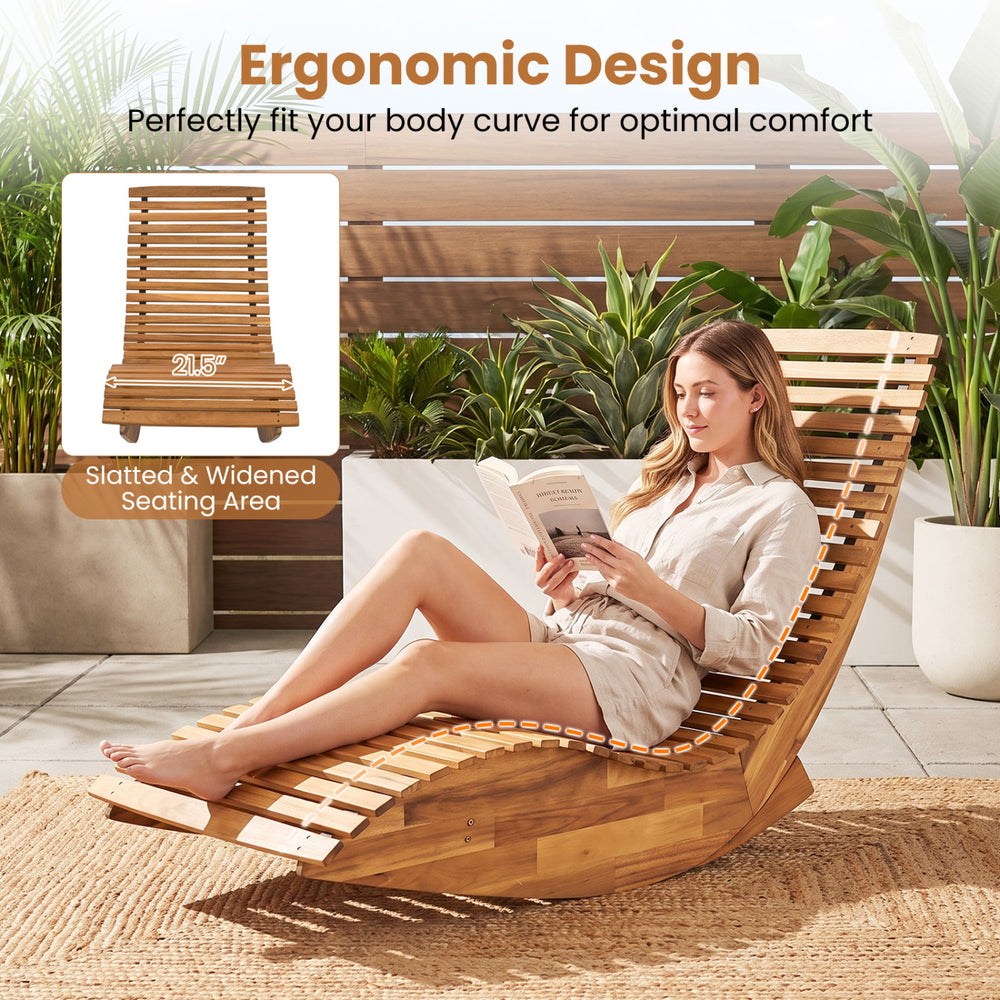 Acacia wood rocking patio lounge chair features an ergonomic design and a 21.5" slatted seating area for optimal comfort.