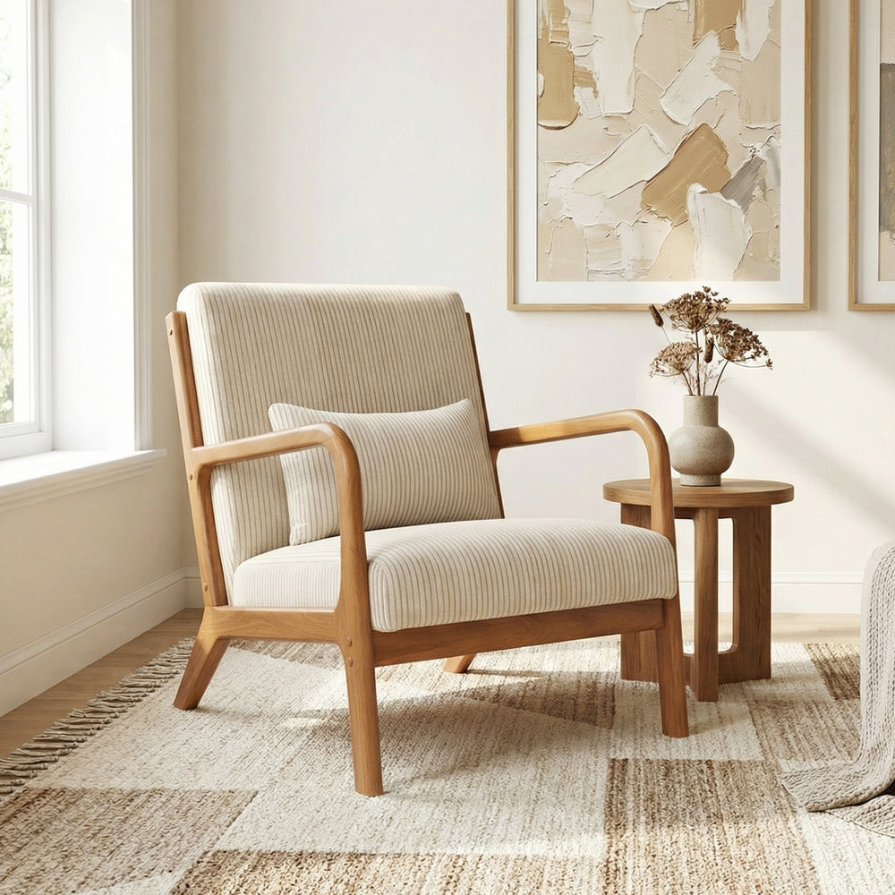 Accent Chair Corduroy Upholstered Lounge Chair with Lumbar Pillow-Beige - Gallery View 1 of 9